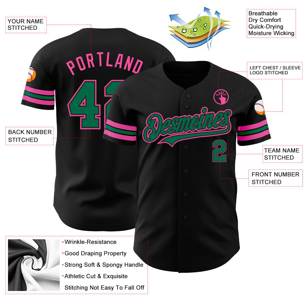 Custom Black Kelly Green-Pink Authentic Baseball Jersey view 3