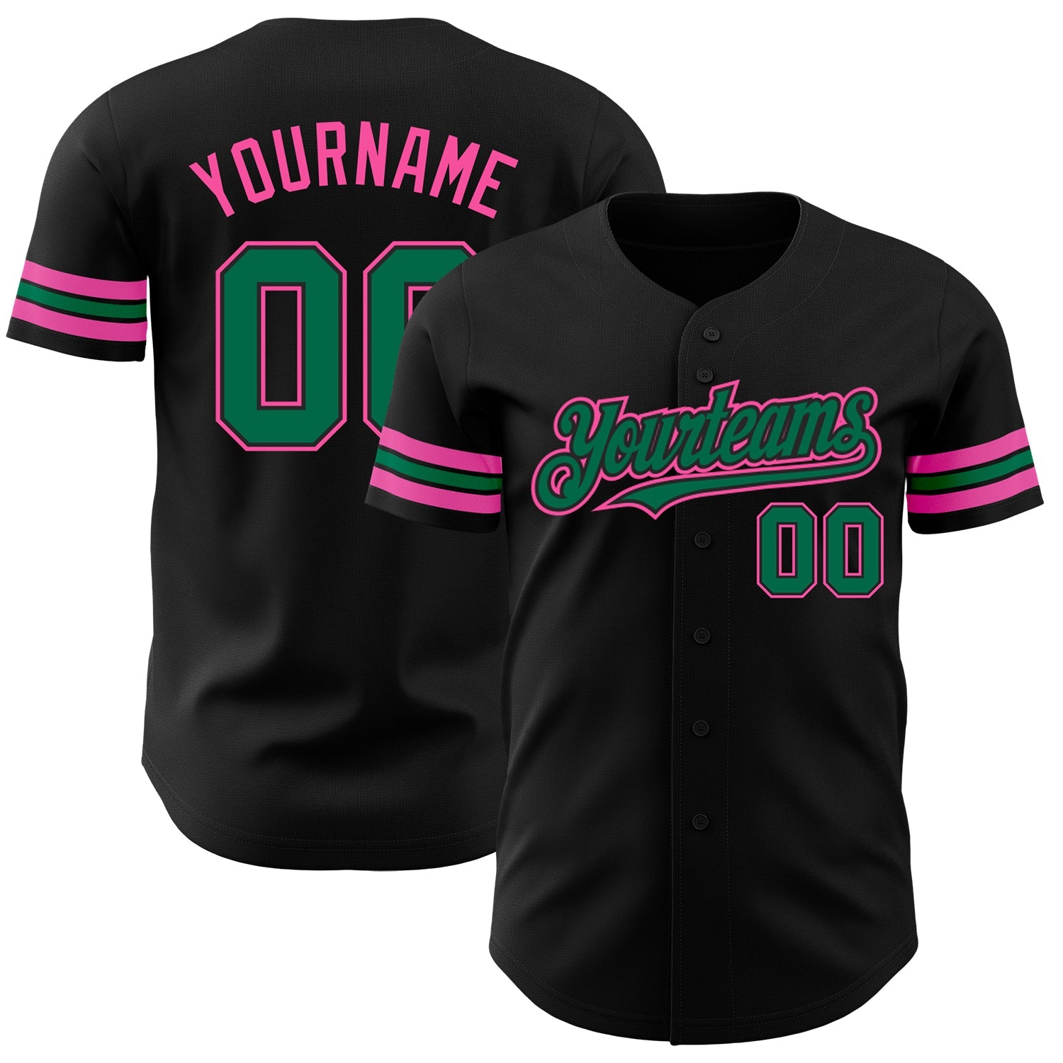Custom Black Kelly Green-Pink Authentic Baseball Jersey - Main View