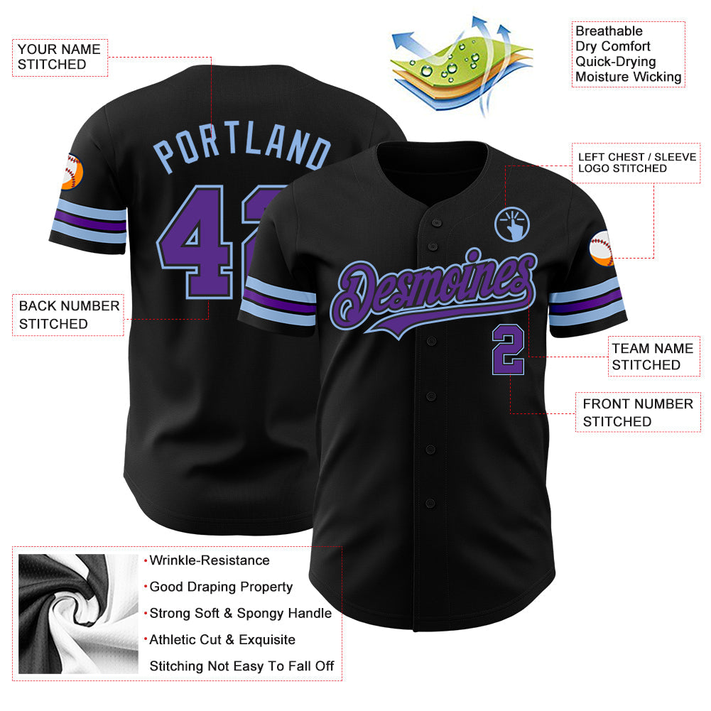 Custom Black Purple-Light Blue Authentic Baseball Jersey view 3