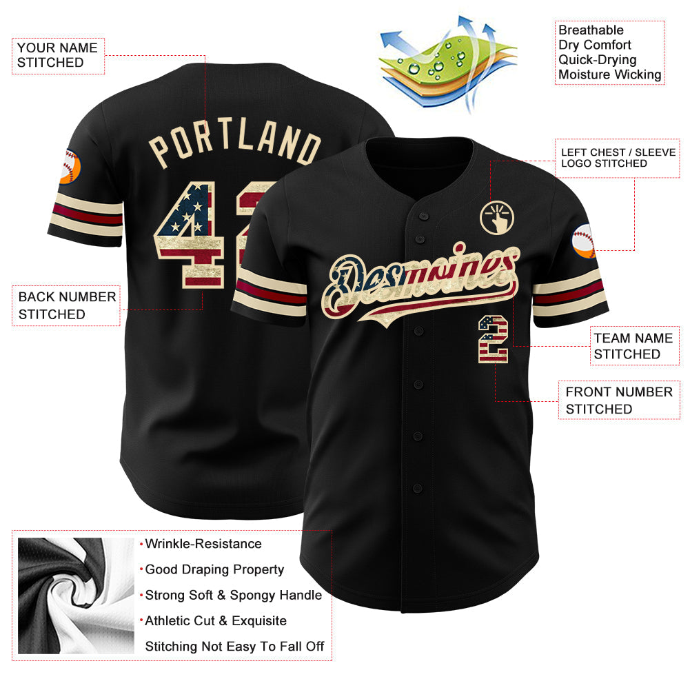 Custom Black Vintage USA Flag City Cream-Crimson Authentic Baseball Jersey view 3