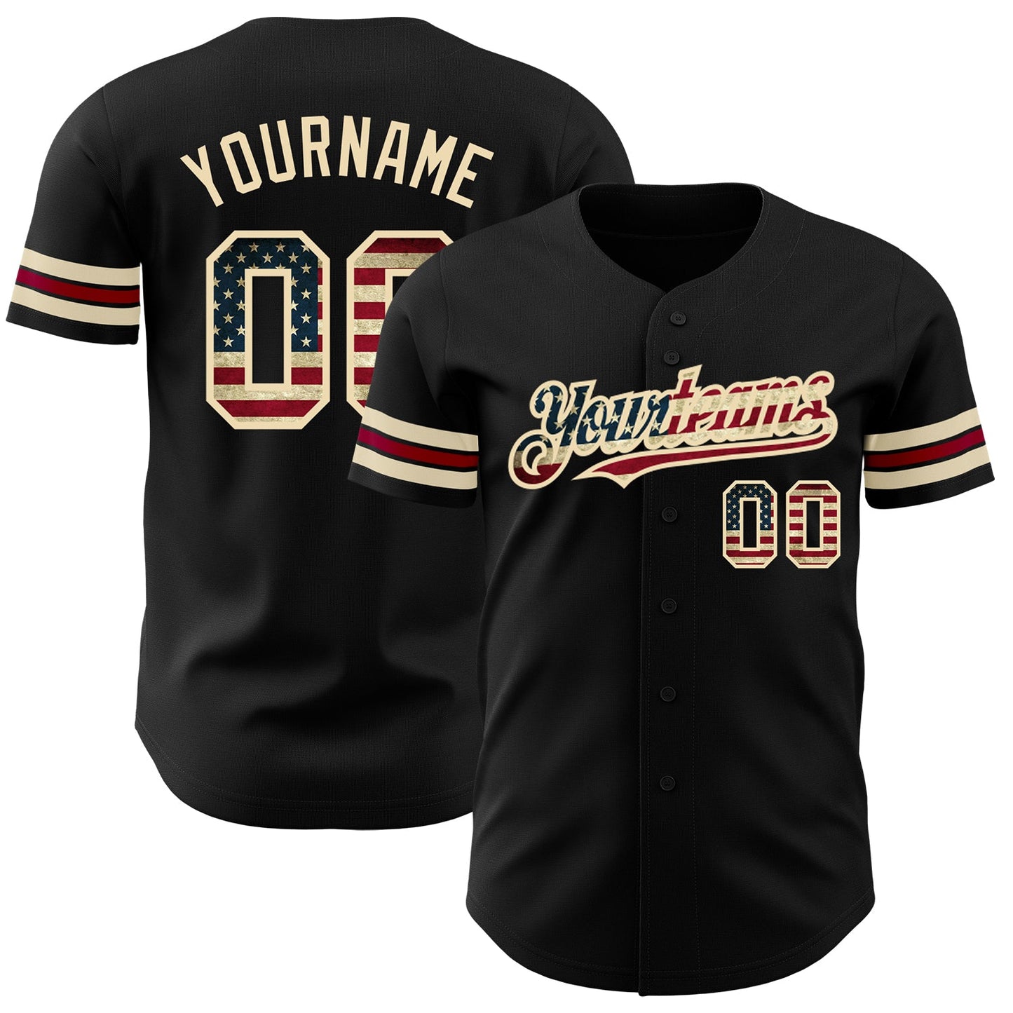 Custom Black Vintage USA Flag City Cream-Crimson Authentic Baseball Jersey - Main View