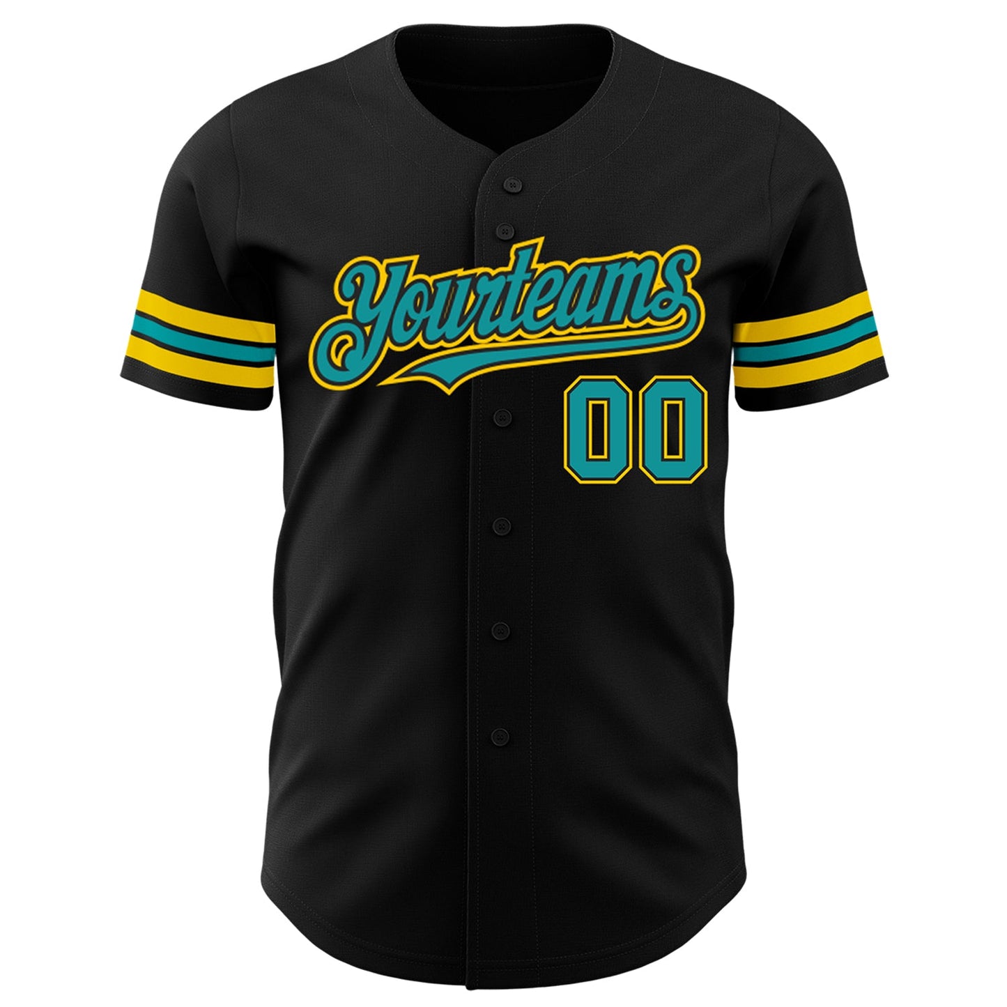 Custom Black Teal-Yellow Authentic Baseball Jersey view 2
