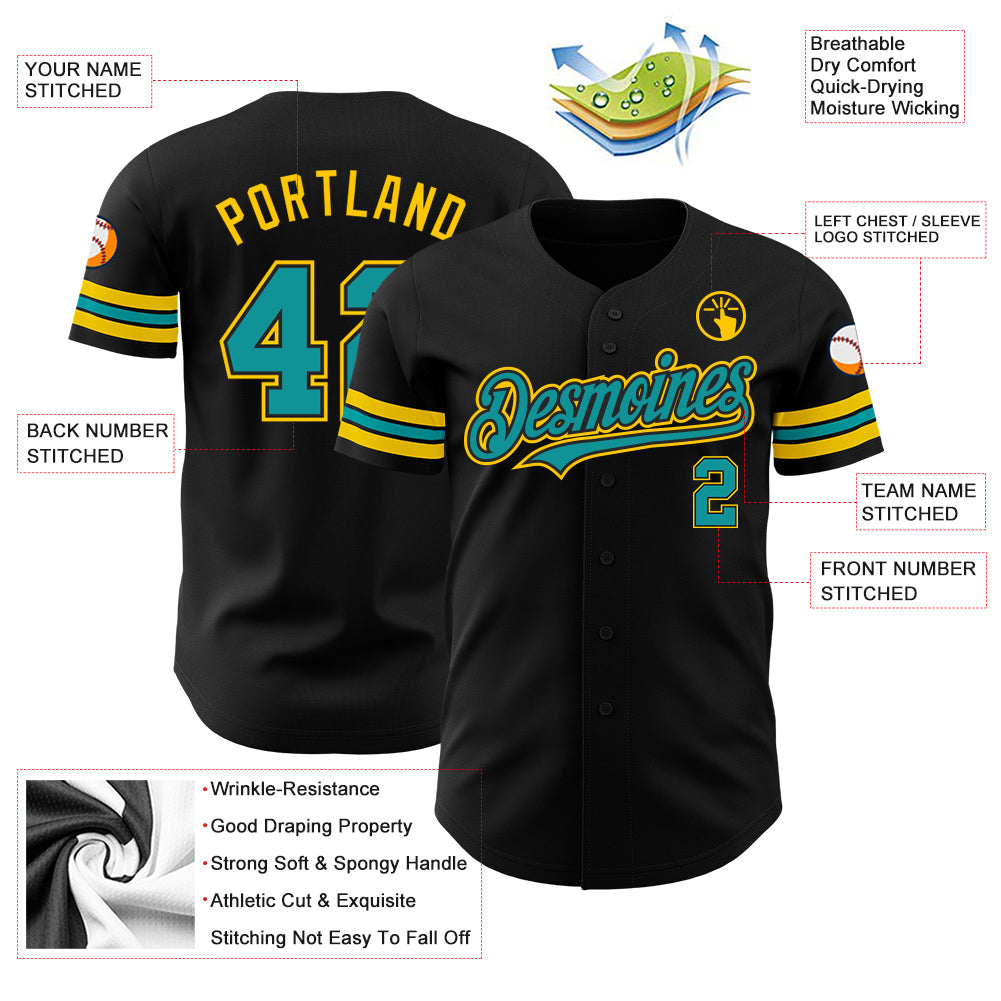 Custom Black Teal-Yellow Authentic Baseball Jersey view 3