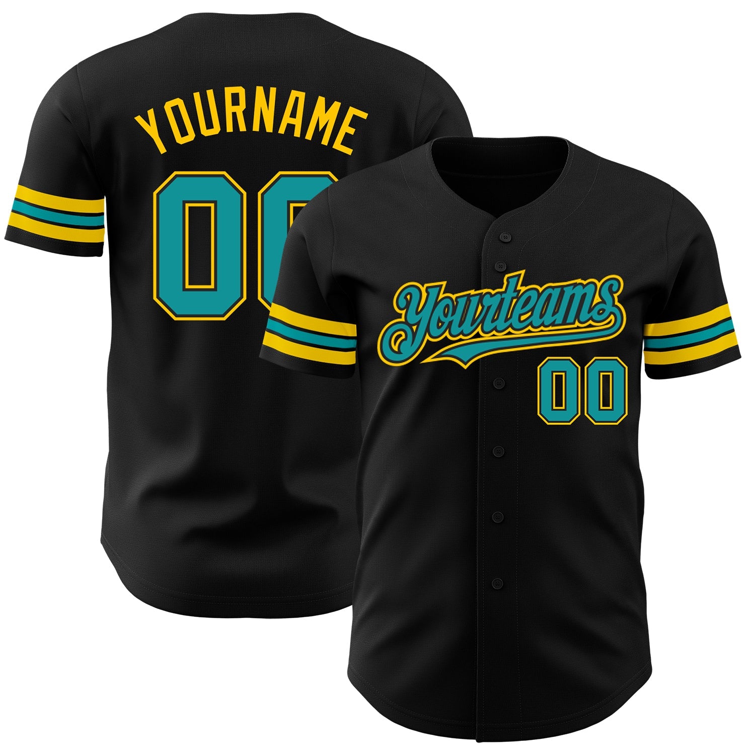 Custom Black Teal-Yellow Authentic Baseball Jersey - Main View