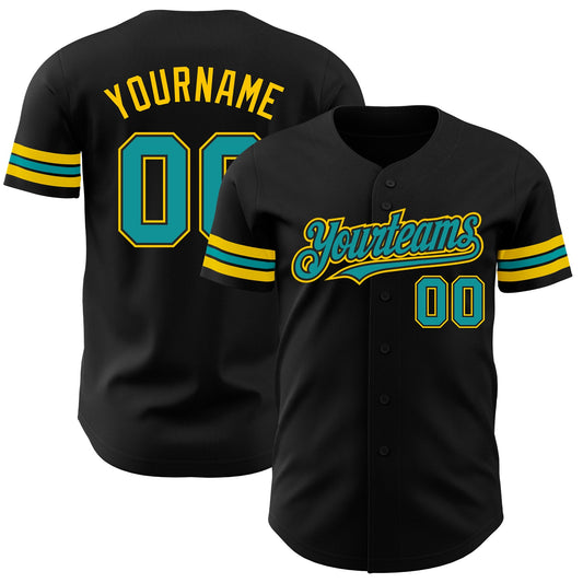 Custom Black Teal-Yellow Authentic Baseball Jersey - Main View