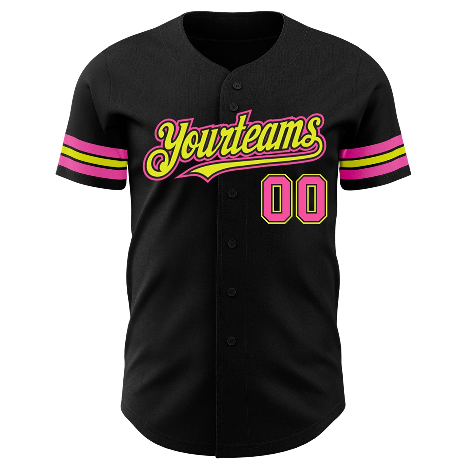 Custom Black Pink-Neon Yellow Authentic Baseball Jersey view 2
