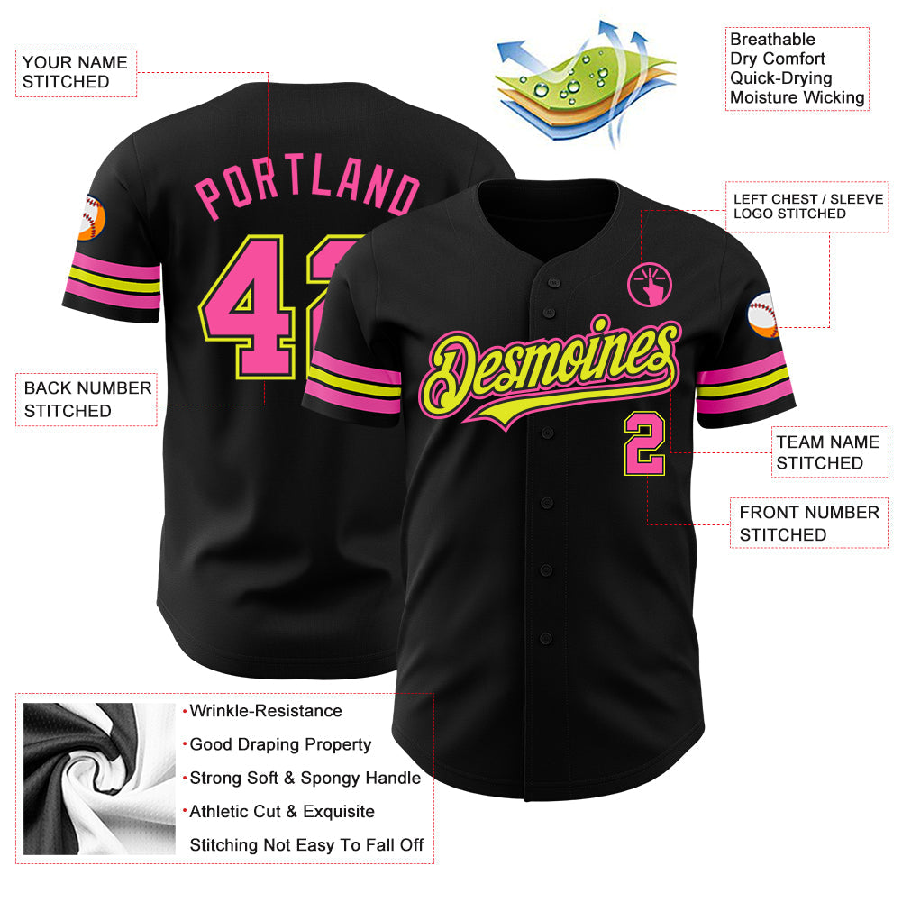 Custom Black Pink-Neon Yellow Authentic Baseball Jersey view 3