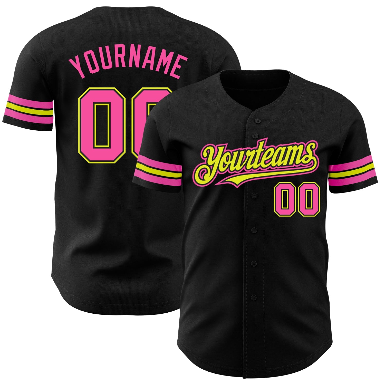Custom Black Pink-Neon Yellow Authentic Baseball Jersey - Main View