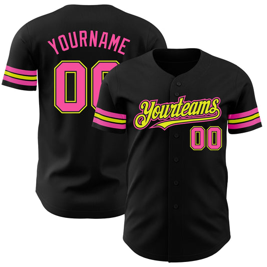 Custom Black Pink-Neon Yellow Authentic Baseball Jersey - Main View