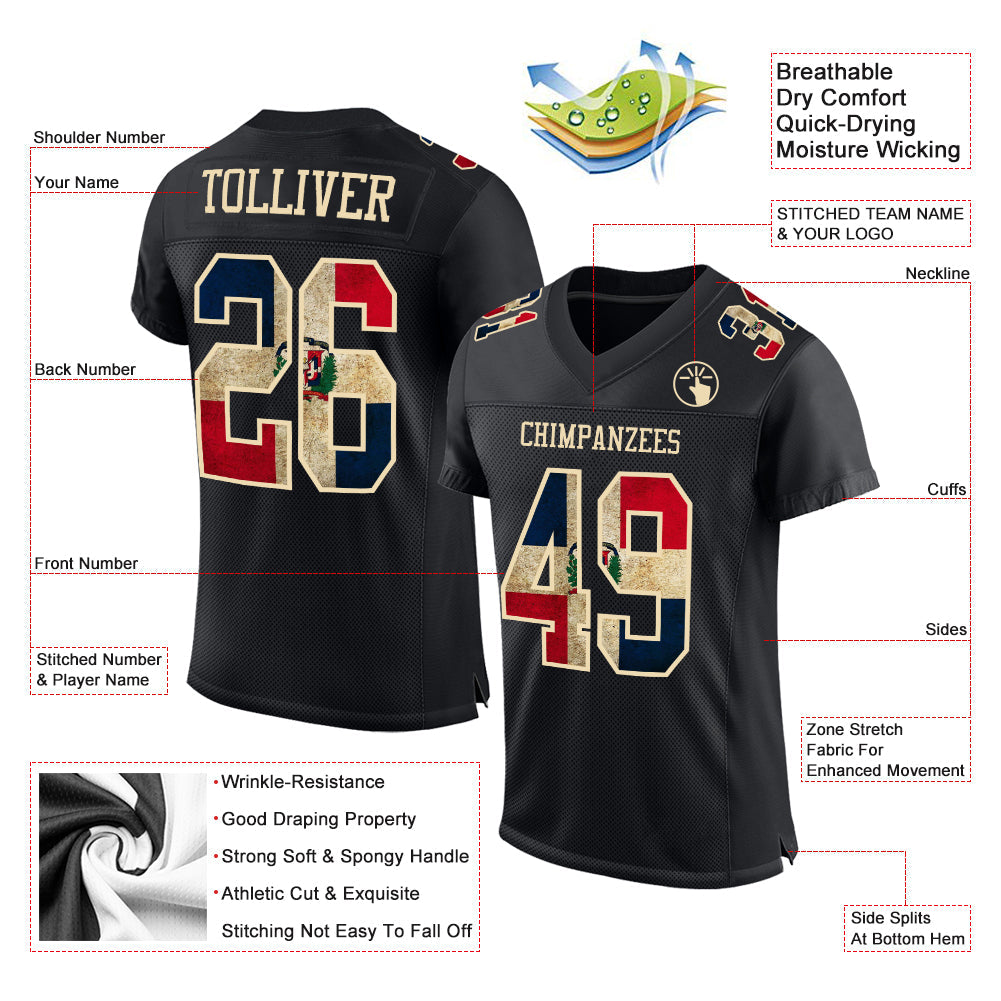 Custom Black Vintage Dominican Republic Flag-City Cream Mesh Authentic Football Jersey view 2