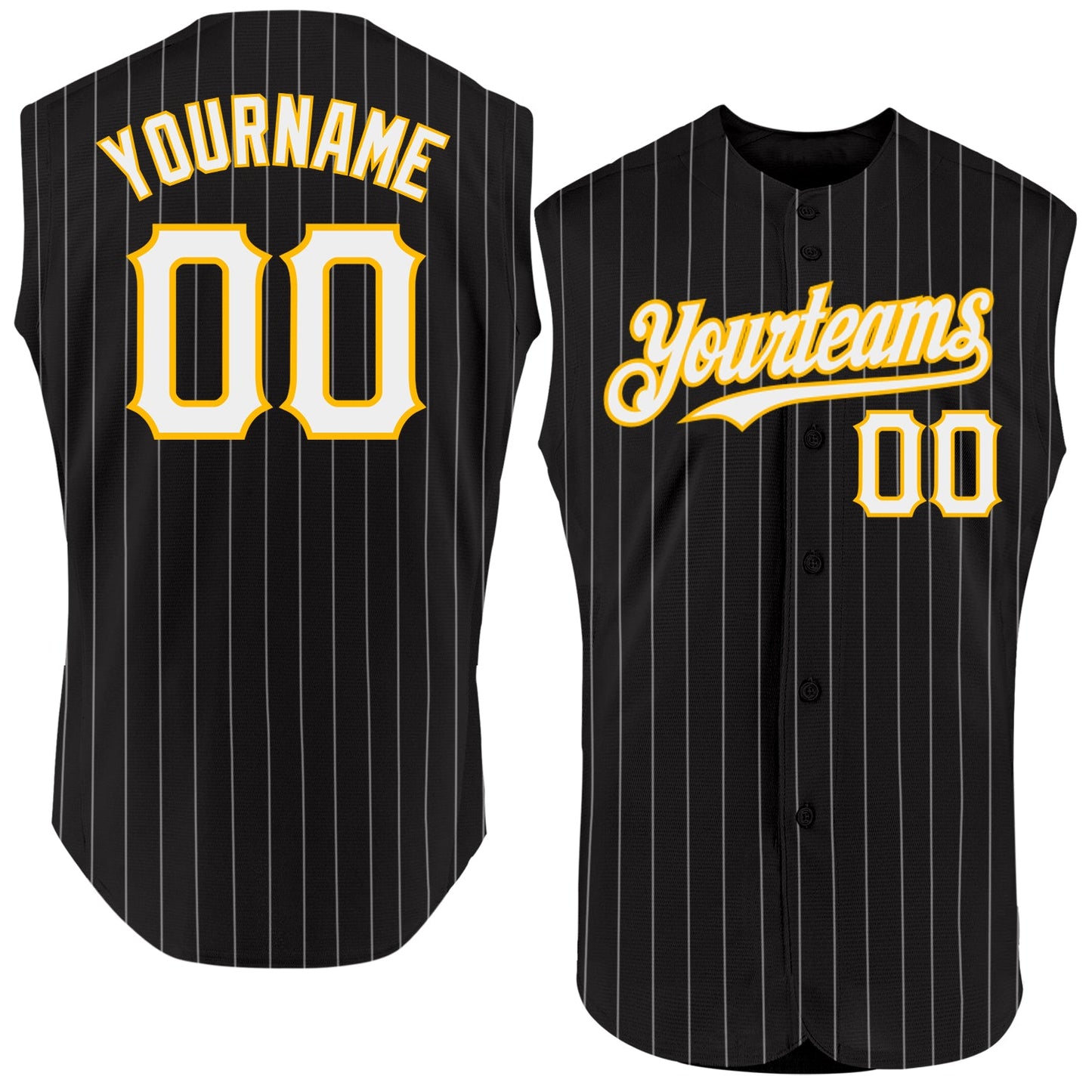 Custom Black White Pinstripe Gold Authentic Sleeveless Baseball Jersey - Main View