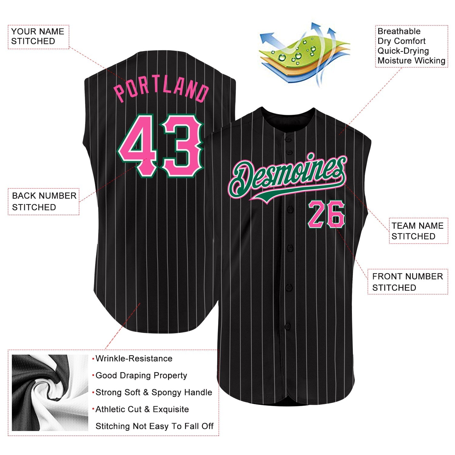 Custom Black White Pinstripe Pink-Kelly Green Authentic Sleeveless Baseball Jersey view 2