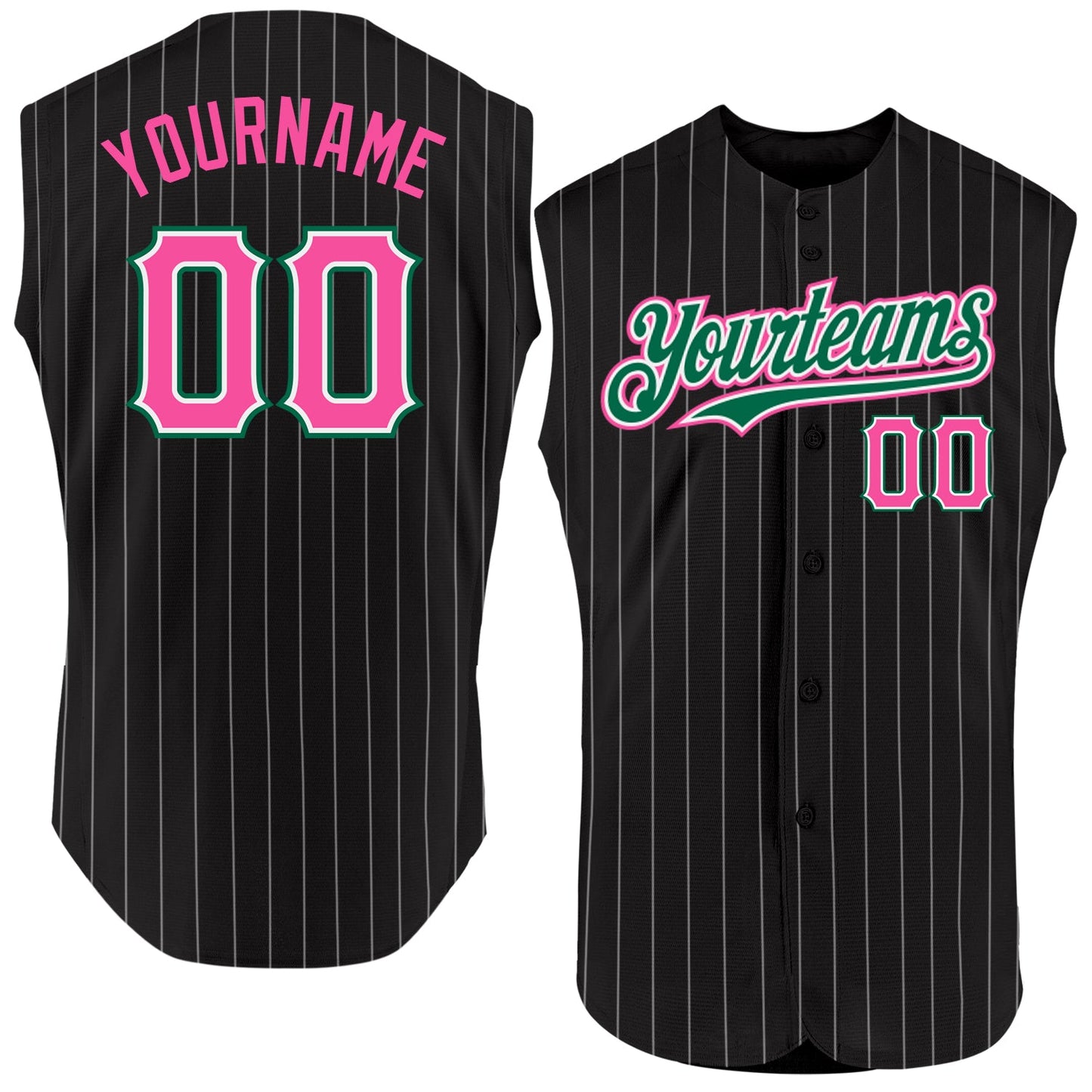 Custom Black White Pinstripe Pink-Kelly Green Authentic Sleeveless Baseball Jersey - Main View