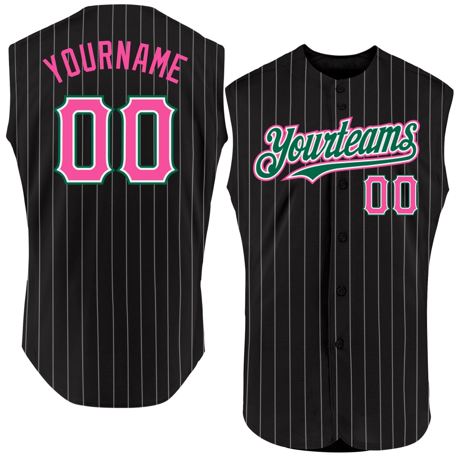 Custom Black White Pinstripe Pink-Kelly Green Authentic Sleeveless Baseball Jersey - Main View