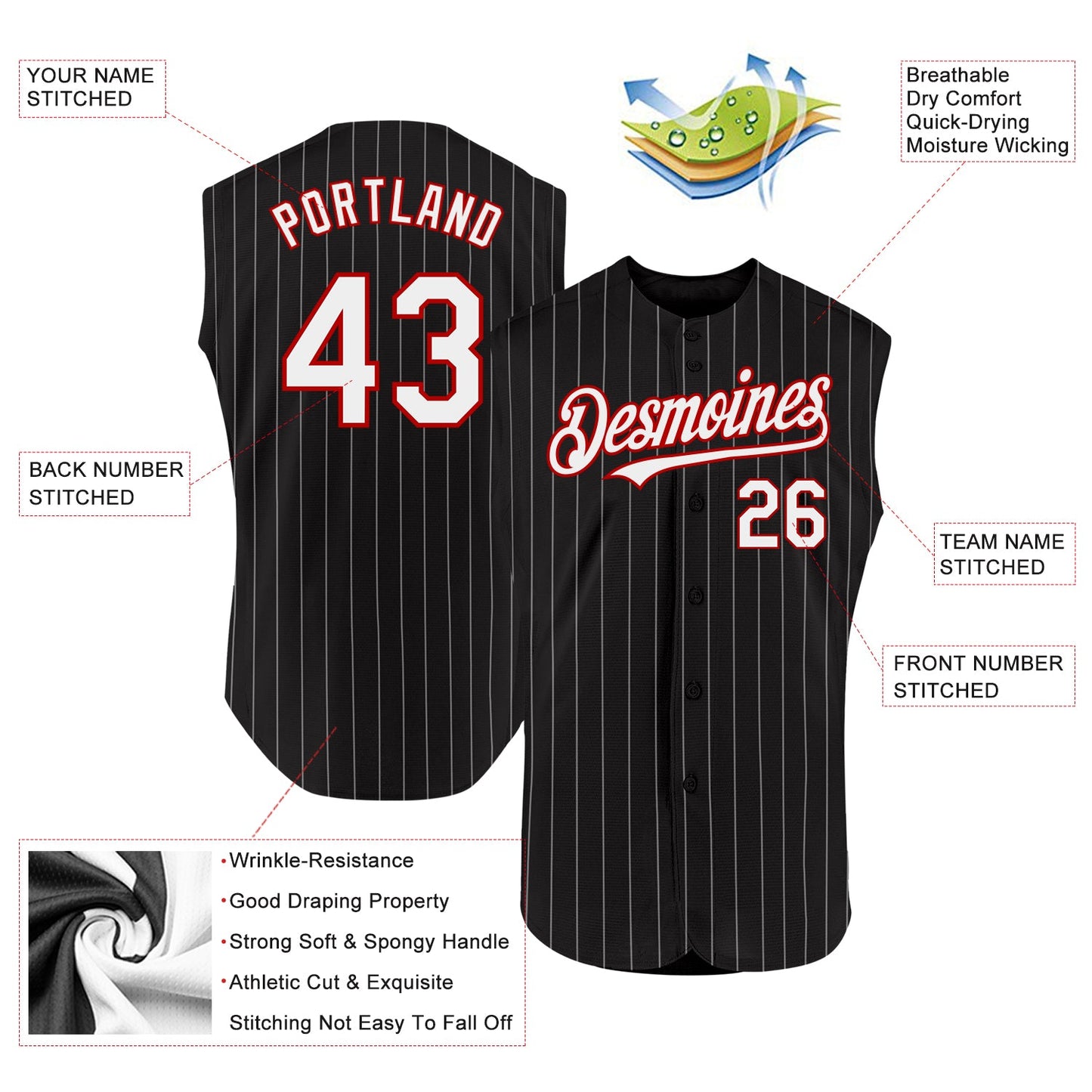 Custom Black White Pinstripe Red Authentic Sleeveless Baseball Jersey view 2