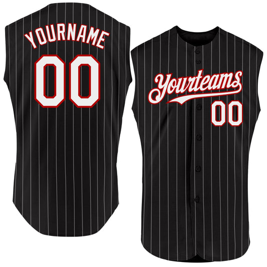 Custom Black White Pinstripe Red Authentic Sleeveless Baseball Jersey - Main View