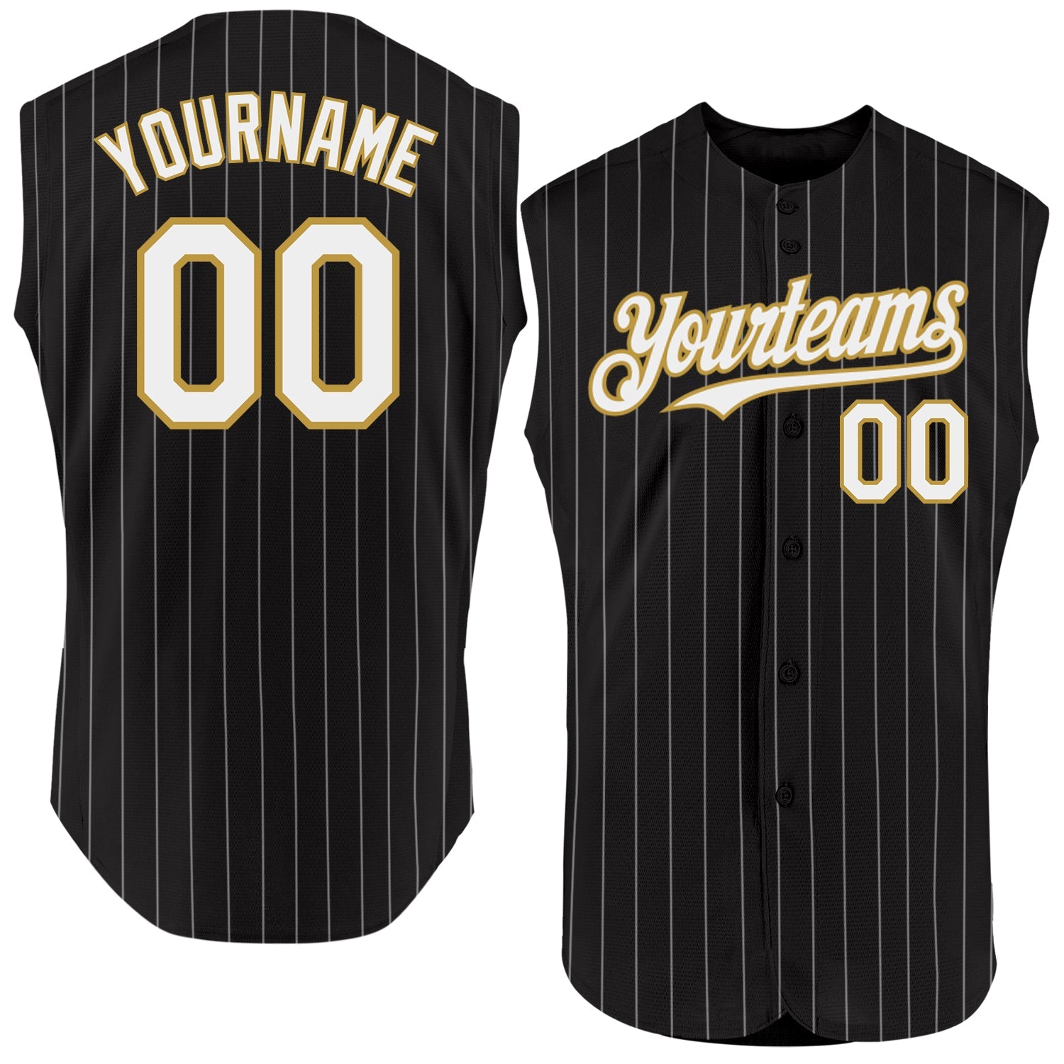 Custom Black White Pinstripe Old Gold Authentic Sleeveless Baseball Jersey - Main View
