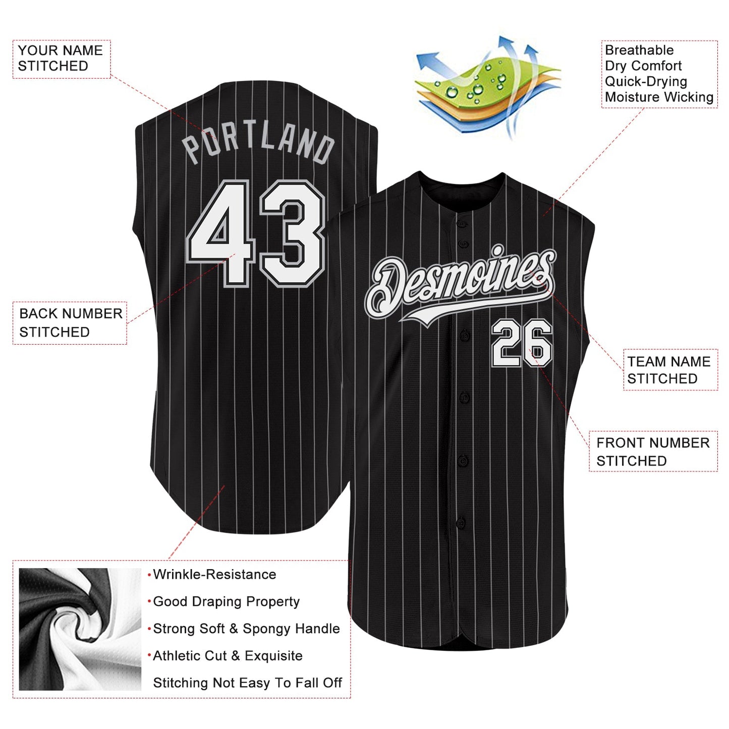 Custom Black White Pinstripe Gray Authentic Sleeveless Baseball Jersey view 2