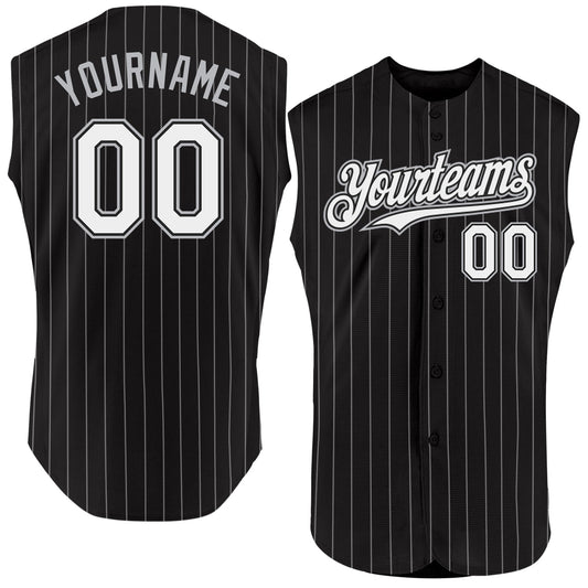 Custom Black White Pinstripe Gray Authentic Sleeveless Baseball Jersey - Main View