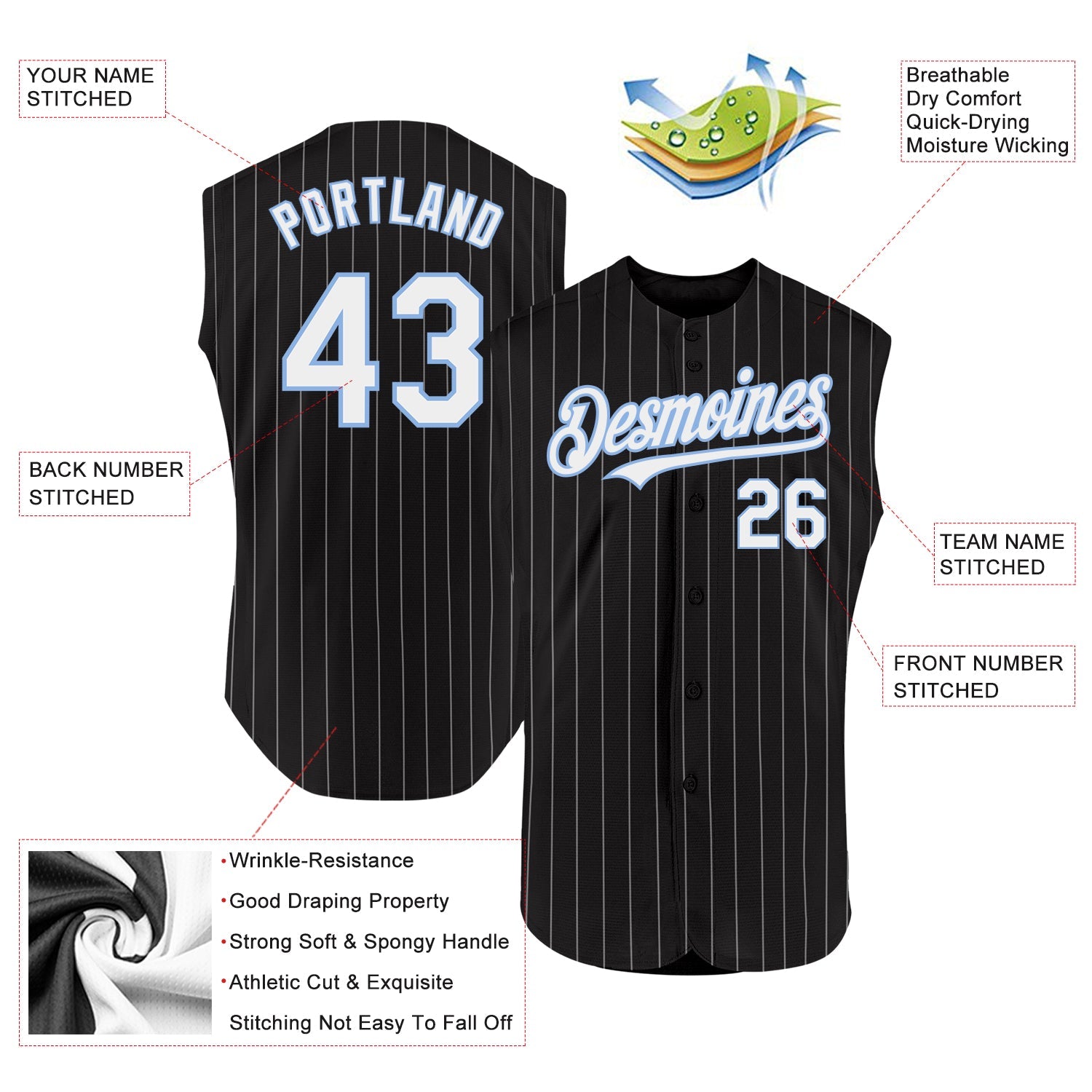 Custom Black White Pinstripe Light Blue Authentic Sleeveless Baseball Jersey view 2
