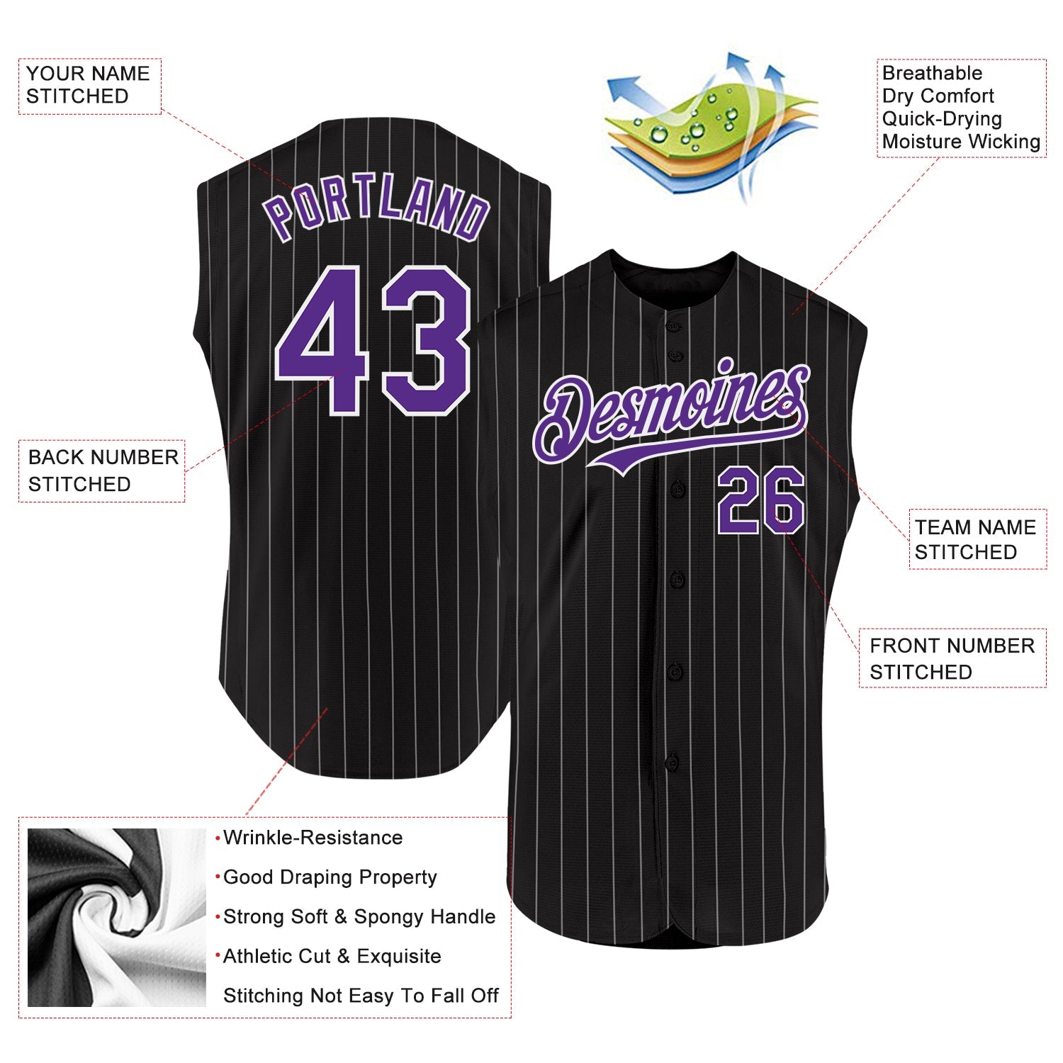 Custom Black White Pinstripe Purple Authentic Sleeveless Baseball Jersey view 2