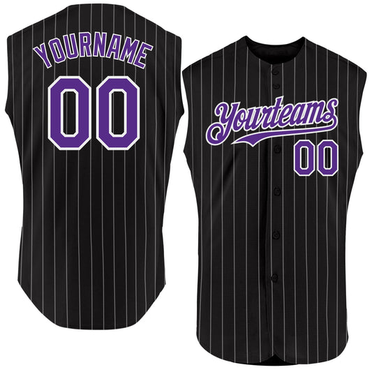 Custom Black White Pinstripe Purple Authentic Sleeveless Baseball Jersey - Main View
