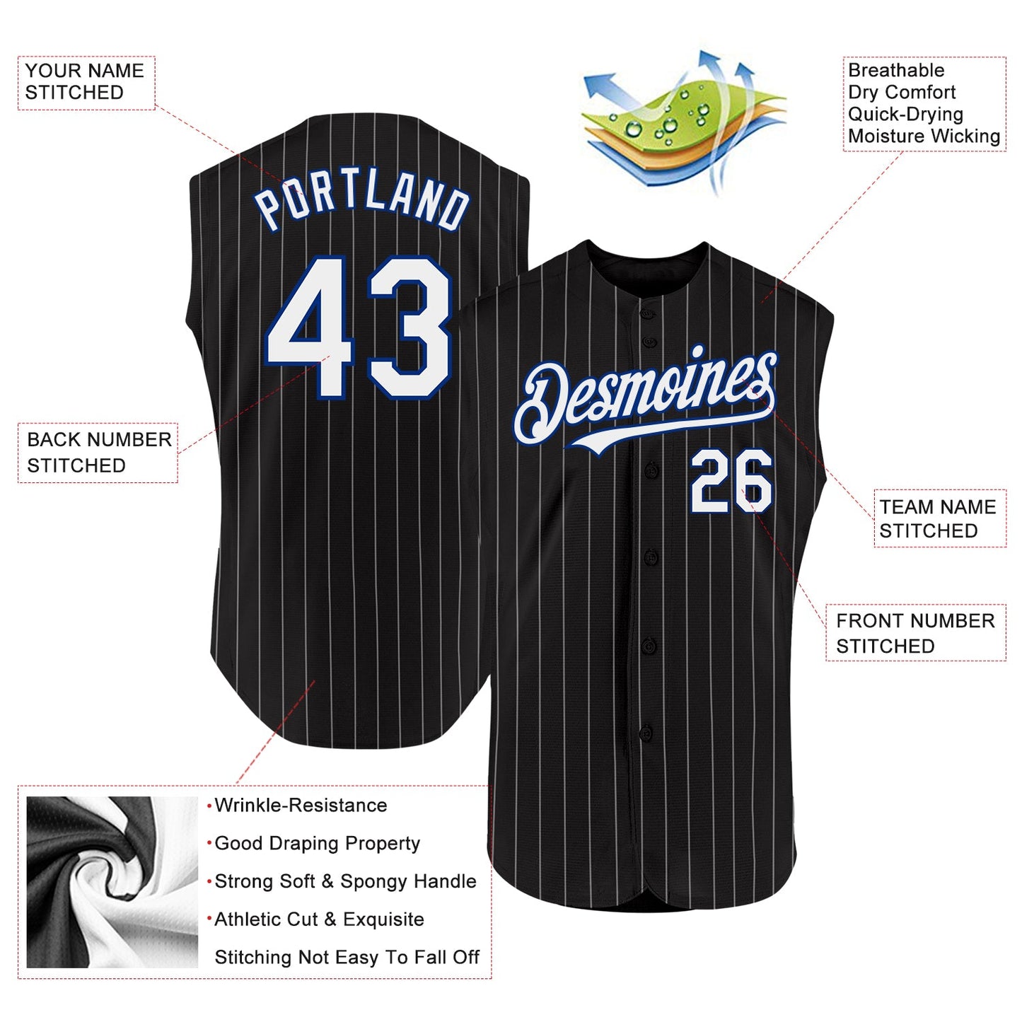 Custom Black White Pinstripe Royal Authentic Sleeveless Baseball Jersey view 2