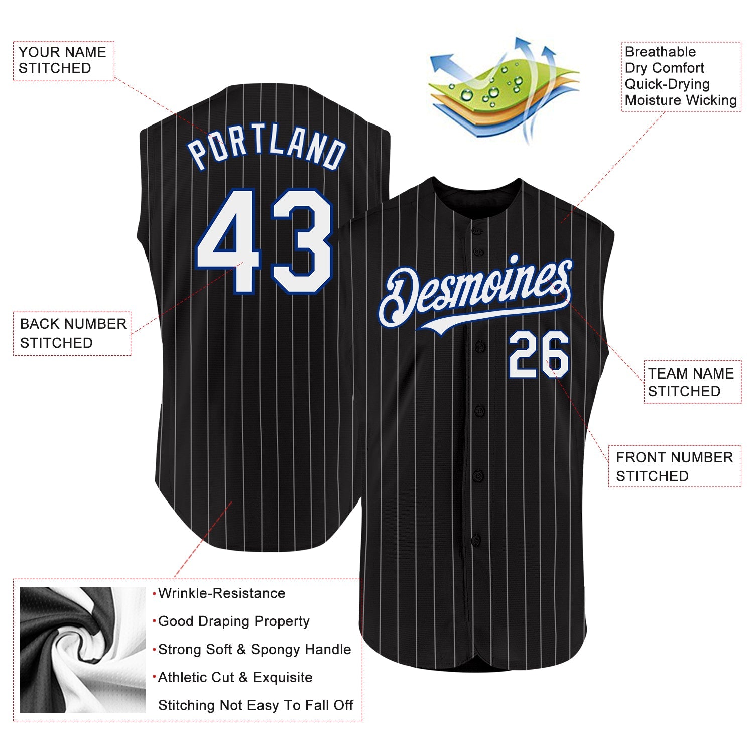 Custom Black White Pinstripe Royal Authentic Sleeveless Baseball Jersey view 2