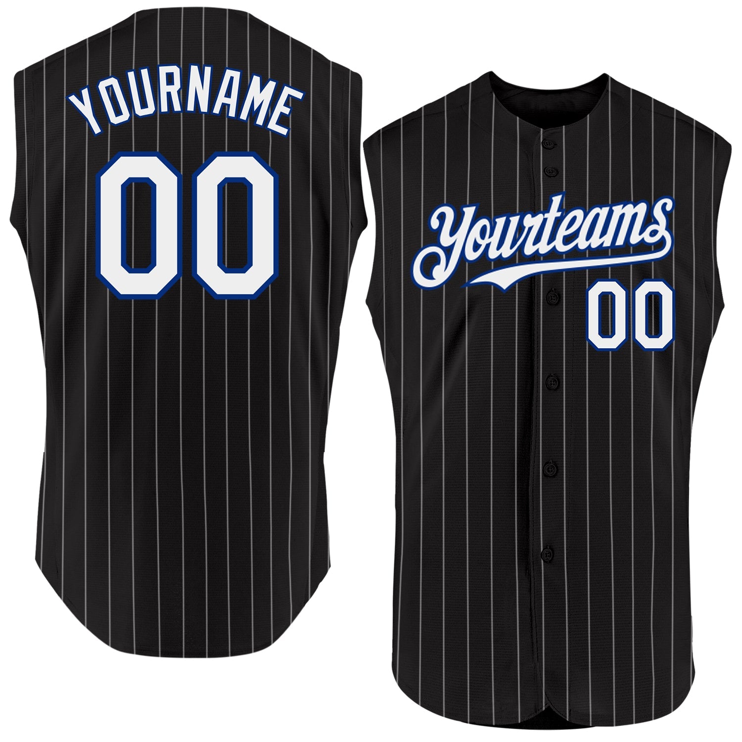 Custom Black White Pinstripe Royal Authentic Sleeveless Baseball Jersey - Main View