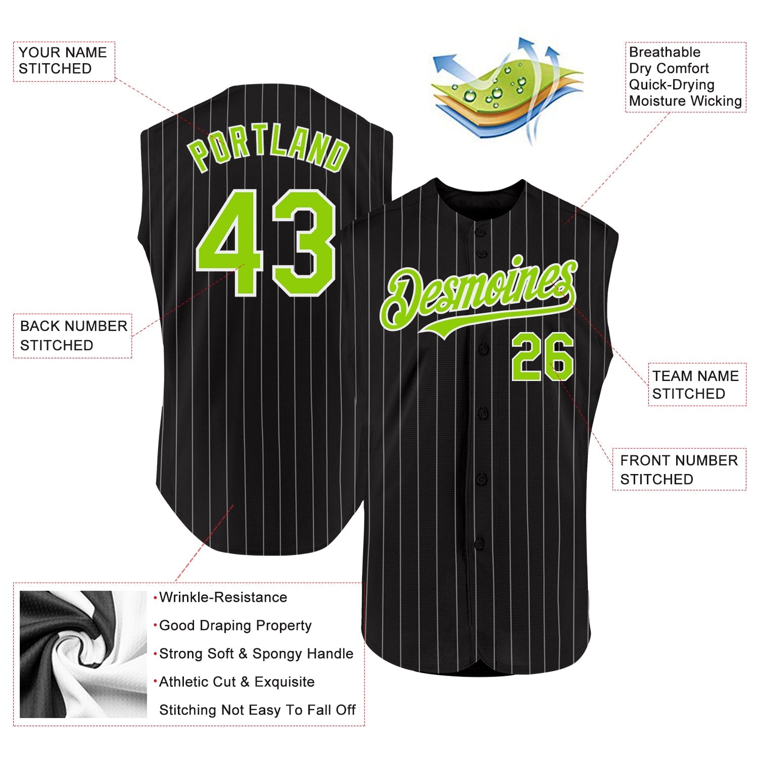 Custom Black White Pinstripe Neon Green Authentic Sleeveless Baseball Jersey view 2