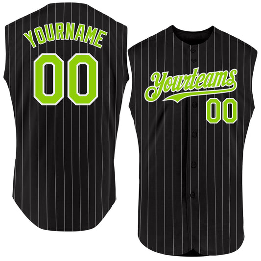 Custom Black White Pinstripe Neon Green Authentic Sleeveless Baseball Jersey - Main View