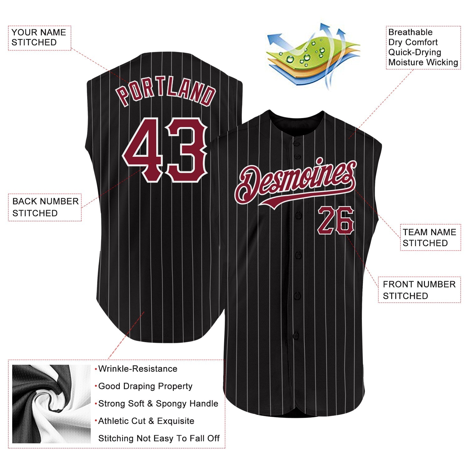 Custom Black White Pinstripe Crimson Authentic Sleeveless Baseball Jersey view 2