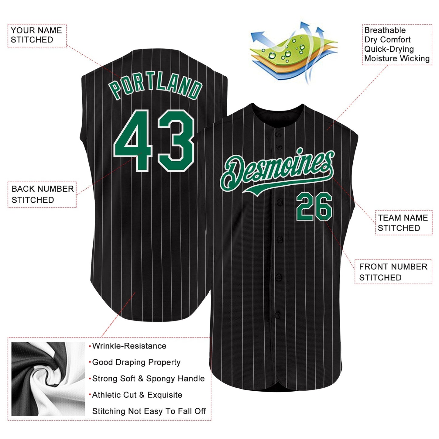 Custom Black White Pinstripe Kelly Green Authentic Sleeveless Baseball Jersey view 2