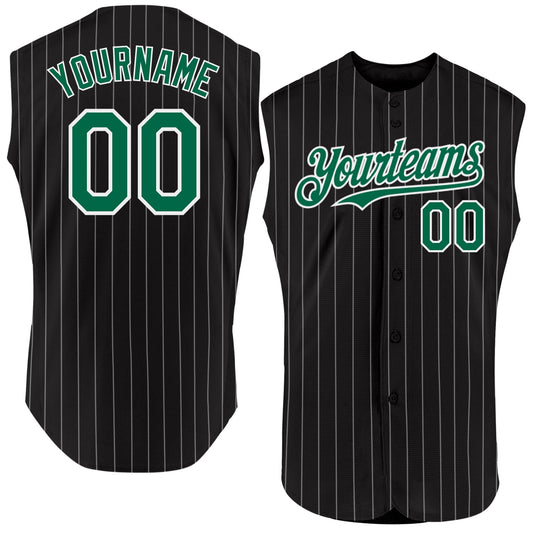 Custom Black White Pinstripe Kelly Green Authentic Sleeveless Baseball Jersey - Main View