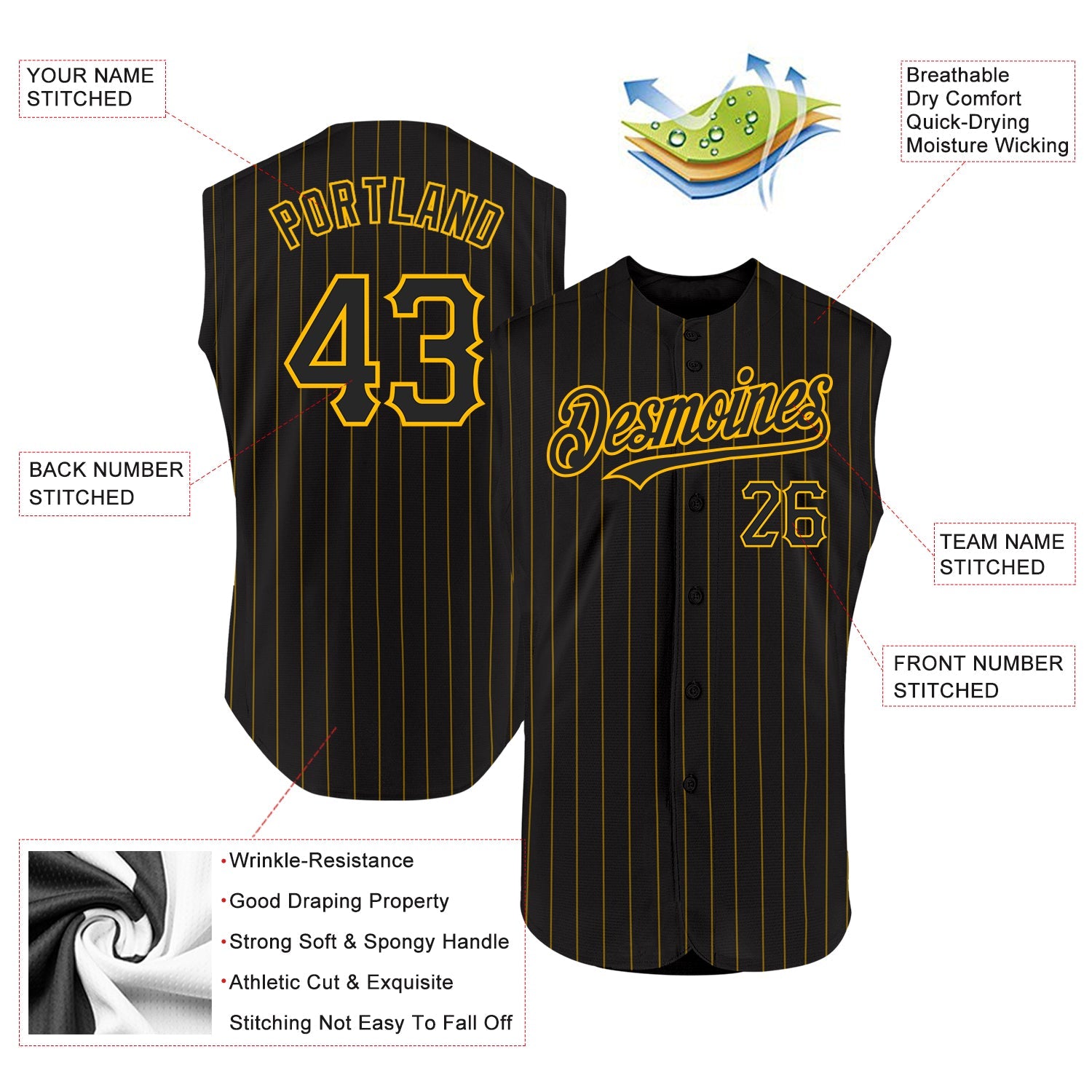 Custom Black Gold Pinstripe Gold Authentic Sleeveless Baseball Jersey view 2