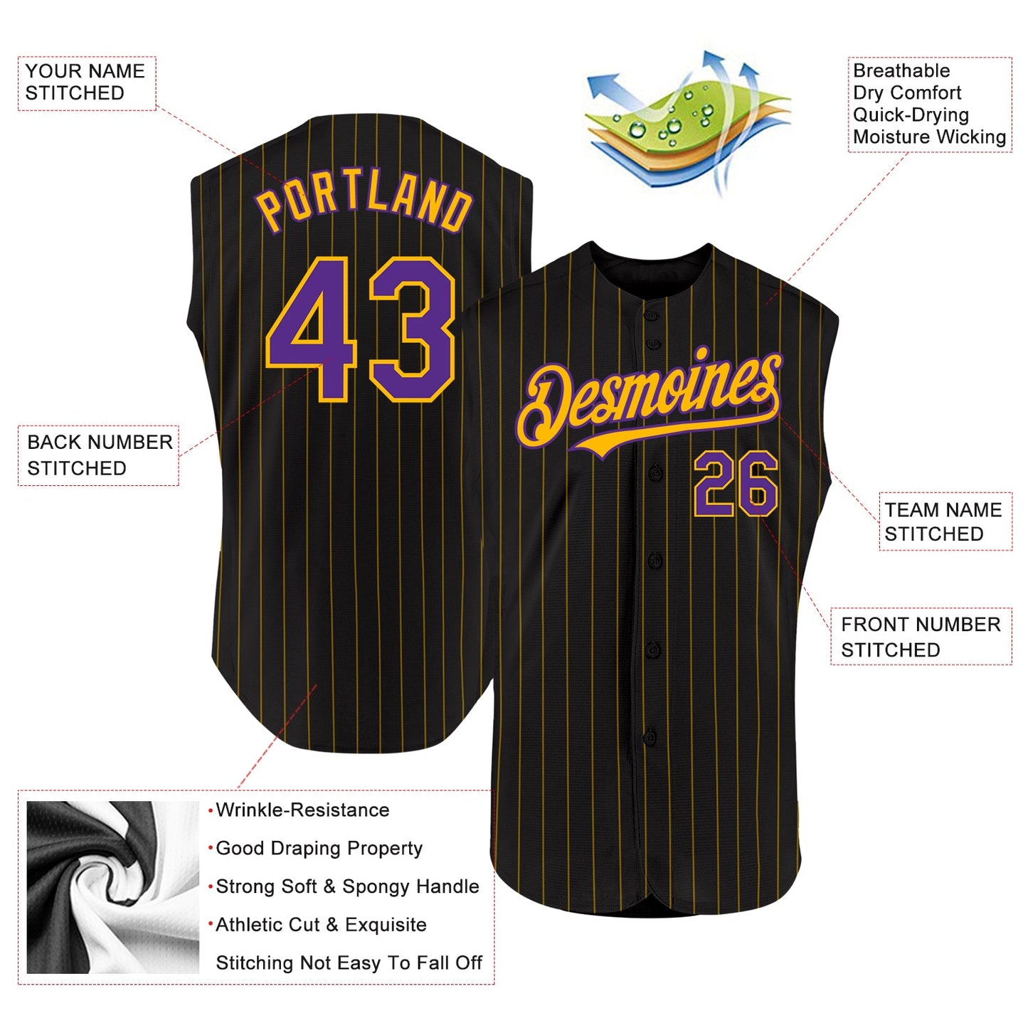 Custom Black Gold Pinstripe Purple Authentic Sleeveless Baseball Jersey view 2