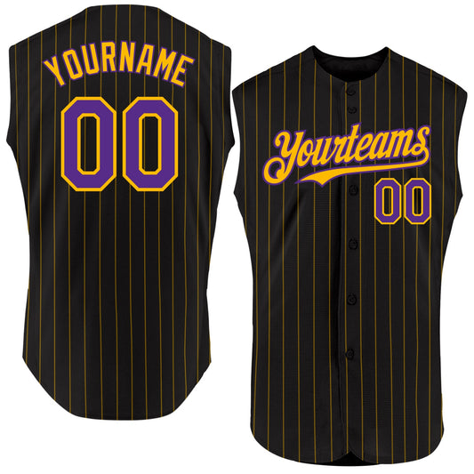 Custom Black Gold Pinstripe Purple Authentic Sleeveless Baseball Jersey - Main View