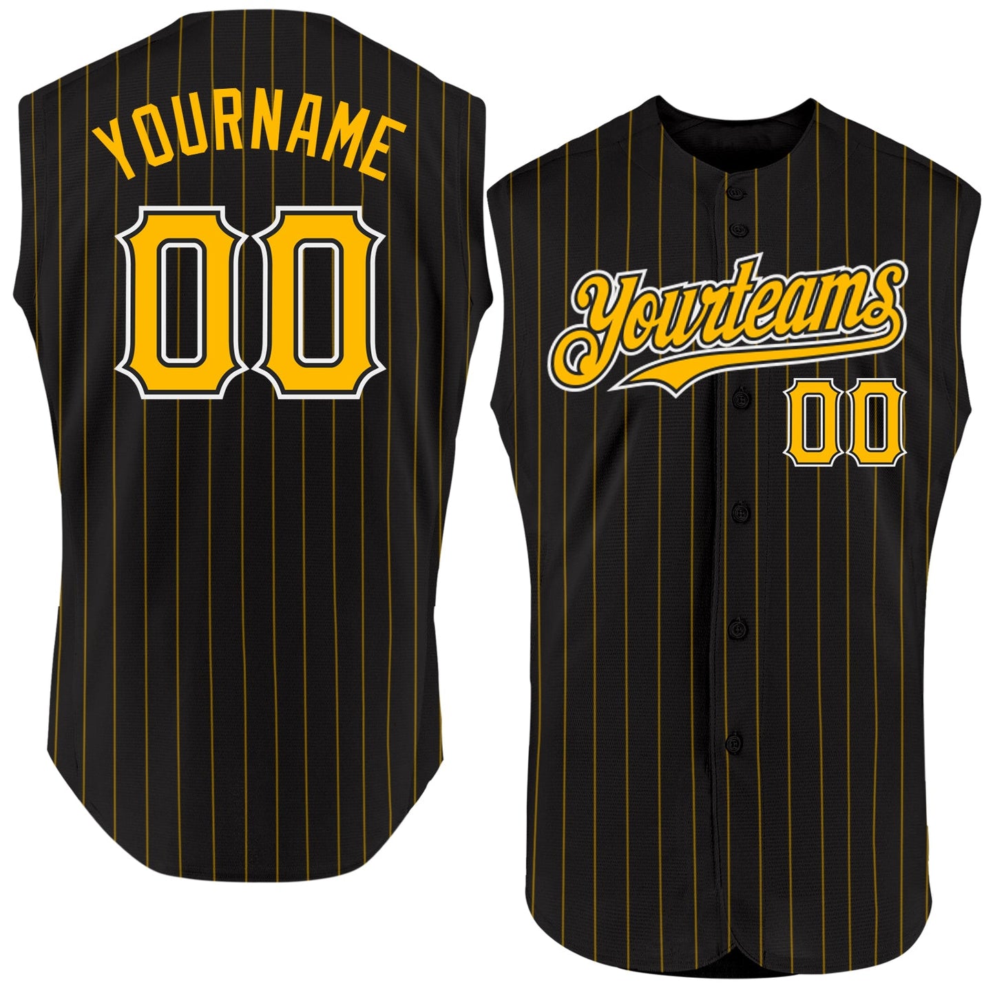 Custom Black Gold Pinstripe White Authentic Sleeveless Baseball Jersey - Main View