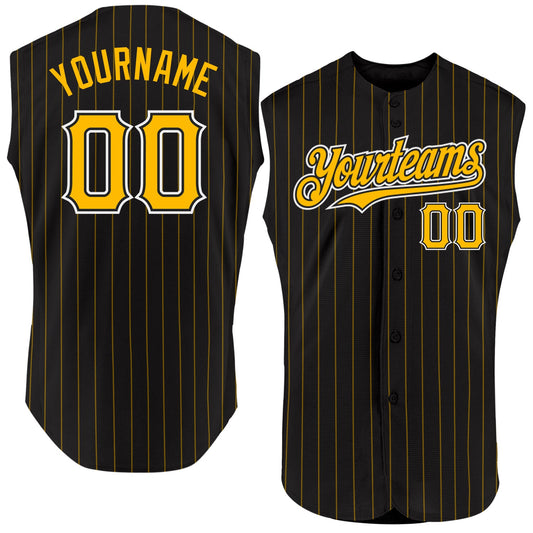 Custom Black Gold Pinstripe White Authentic Sleeveless Baseball Jersey - Main View