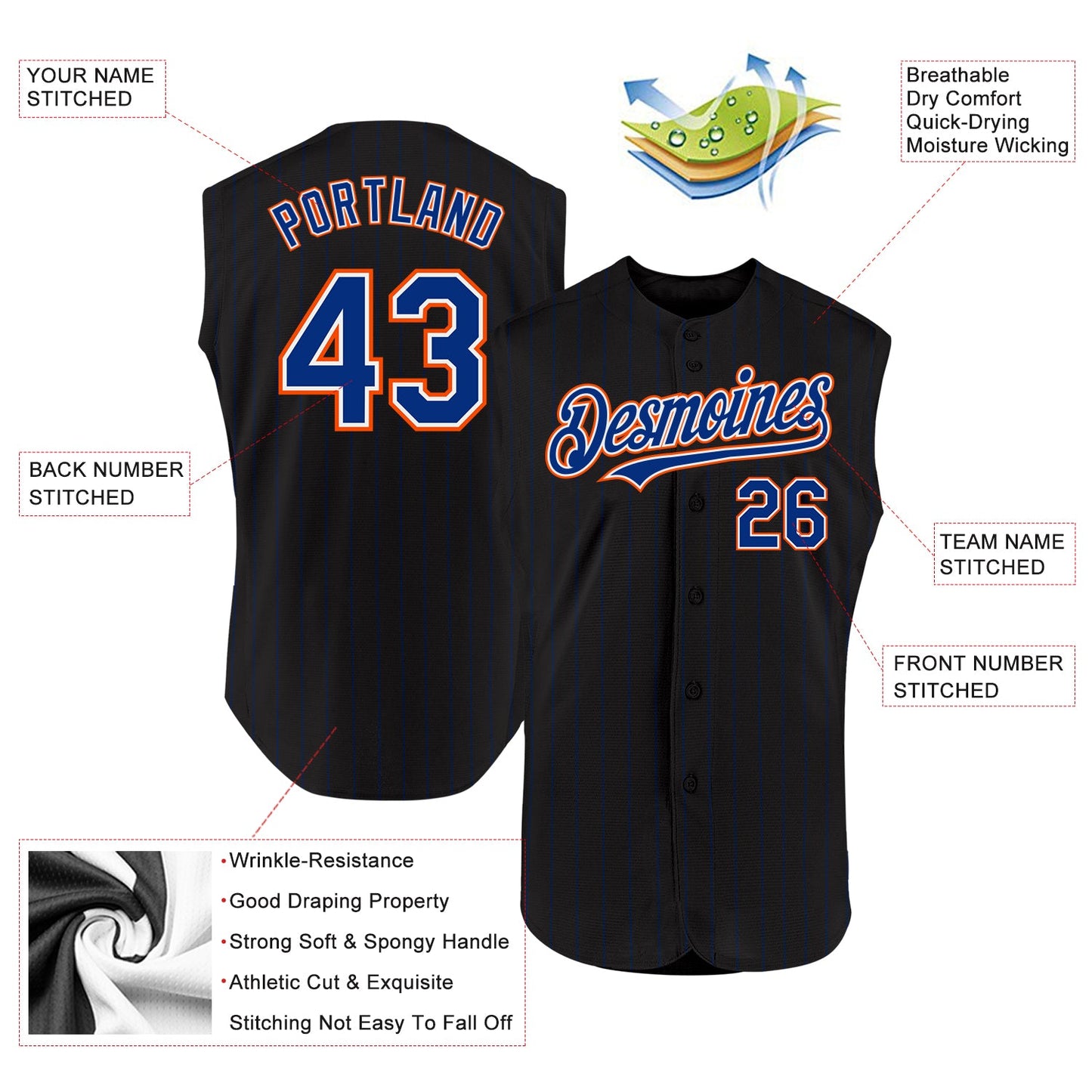 Custom Black Royal Pinstripe White-Orange Authentic Sleeveless Baseball Jersey view 2