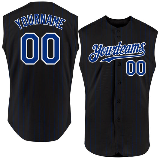 Custom Black Royal Pinstripe White Authentic Sleeveless Baseball Jersey - Main View