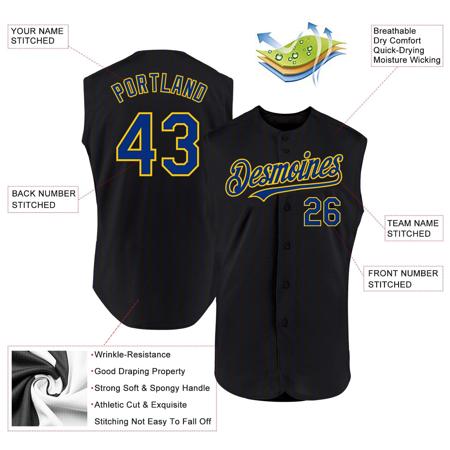 Custom Black Royal Pinstripe Yellow Authentic Sleeveless Baseball Jersey view 2