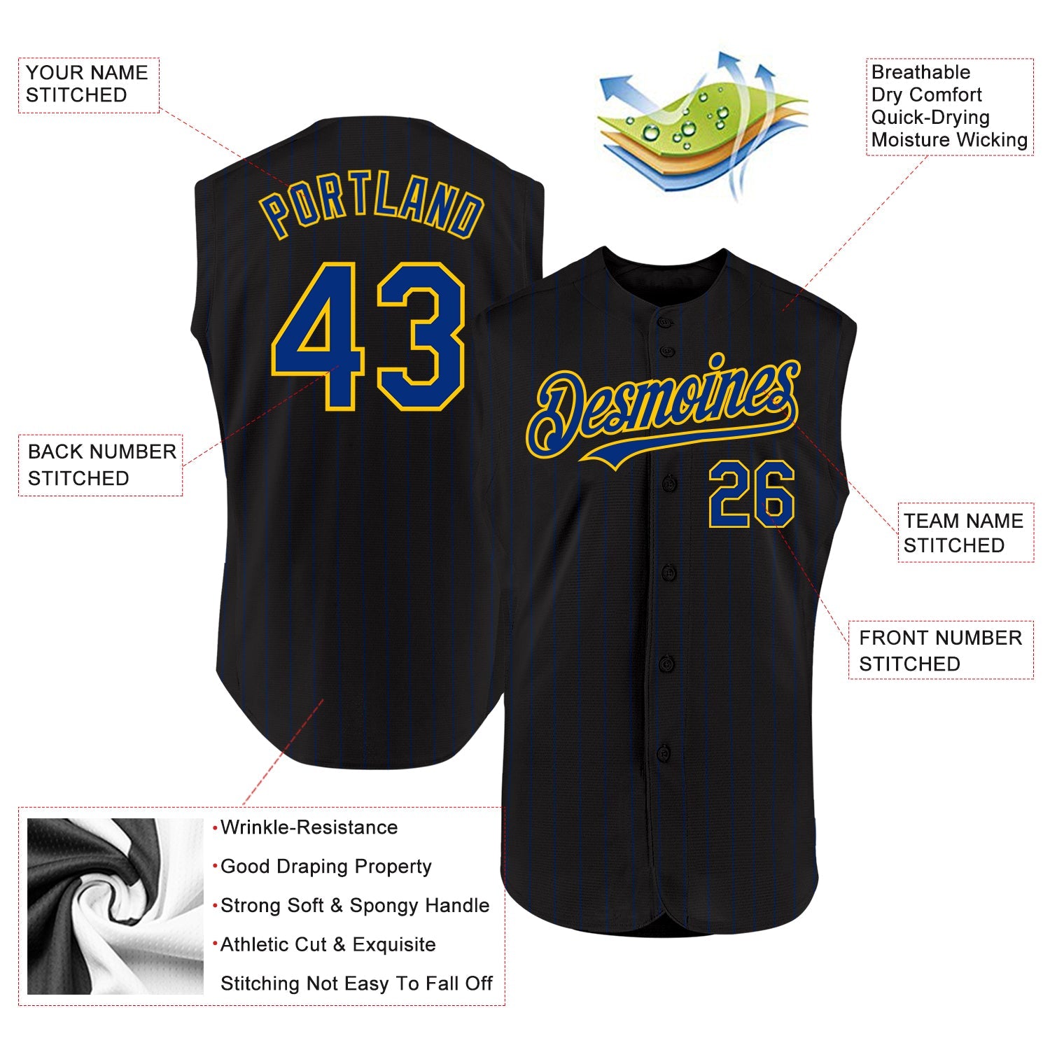 Custom Black Royal Pinstripe Yellow Authentic Sleeveless Baseball Jersey view 2