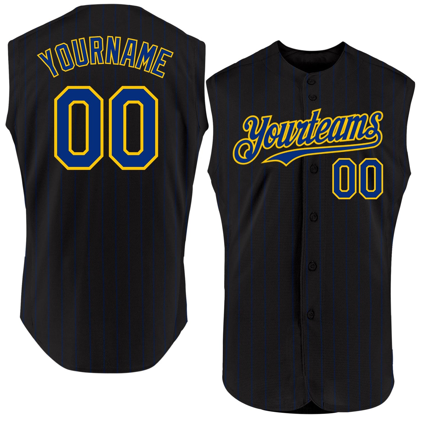 Custom Black Royal Pinstripe Yellow Authentic Sleeveless Baseball Jersey - Main View