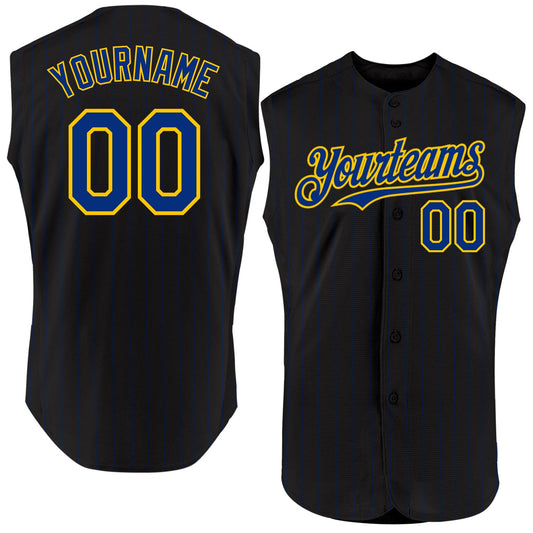 Custom Black Royal Pinstripe Yellow Authentic Sleeveless Baseball Jersey - Main View