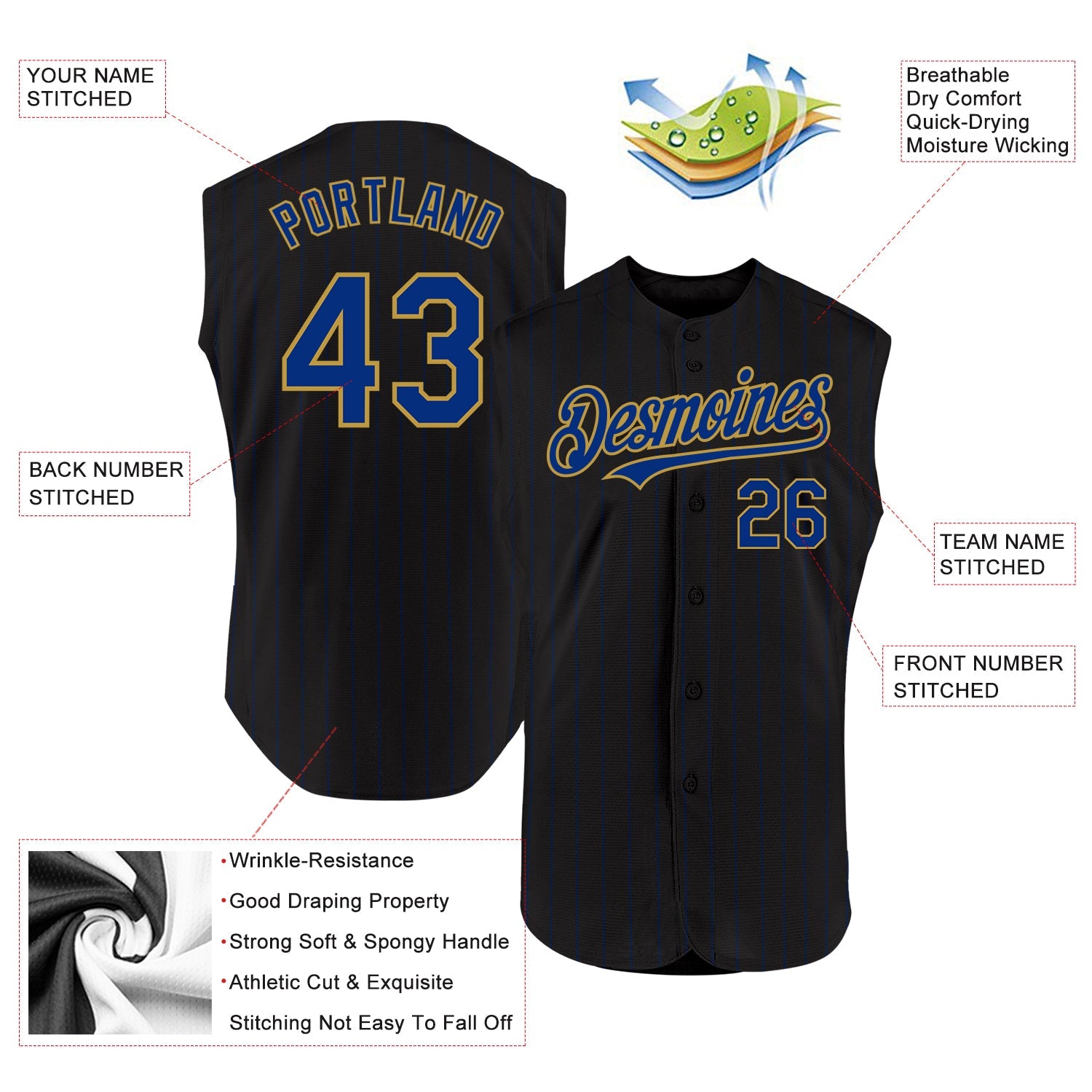 Custom Black Royal Pinstripe Old Gold Authentic Sleeveless Baseball Jersey view 2