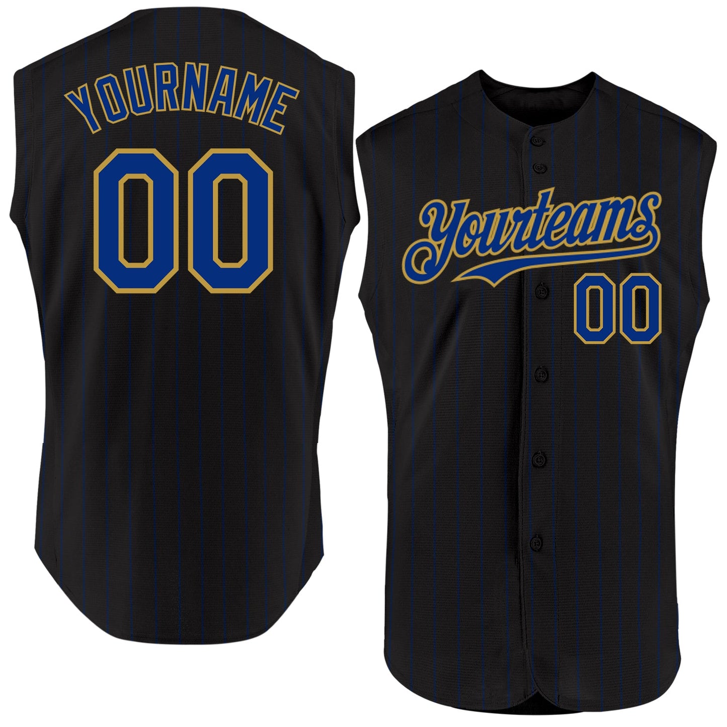 Custom Black Royal Pinstripe Old Gold Authentic Sleeveless Baseball Jersey - Main View