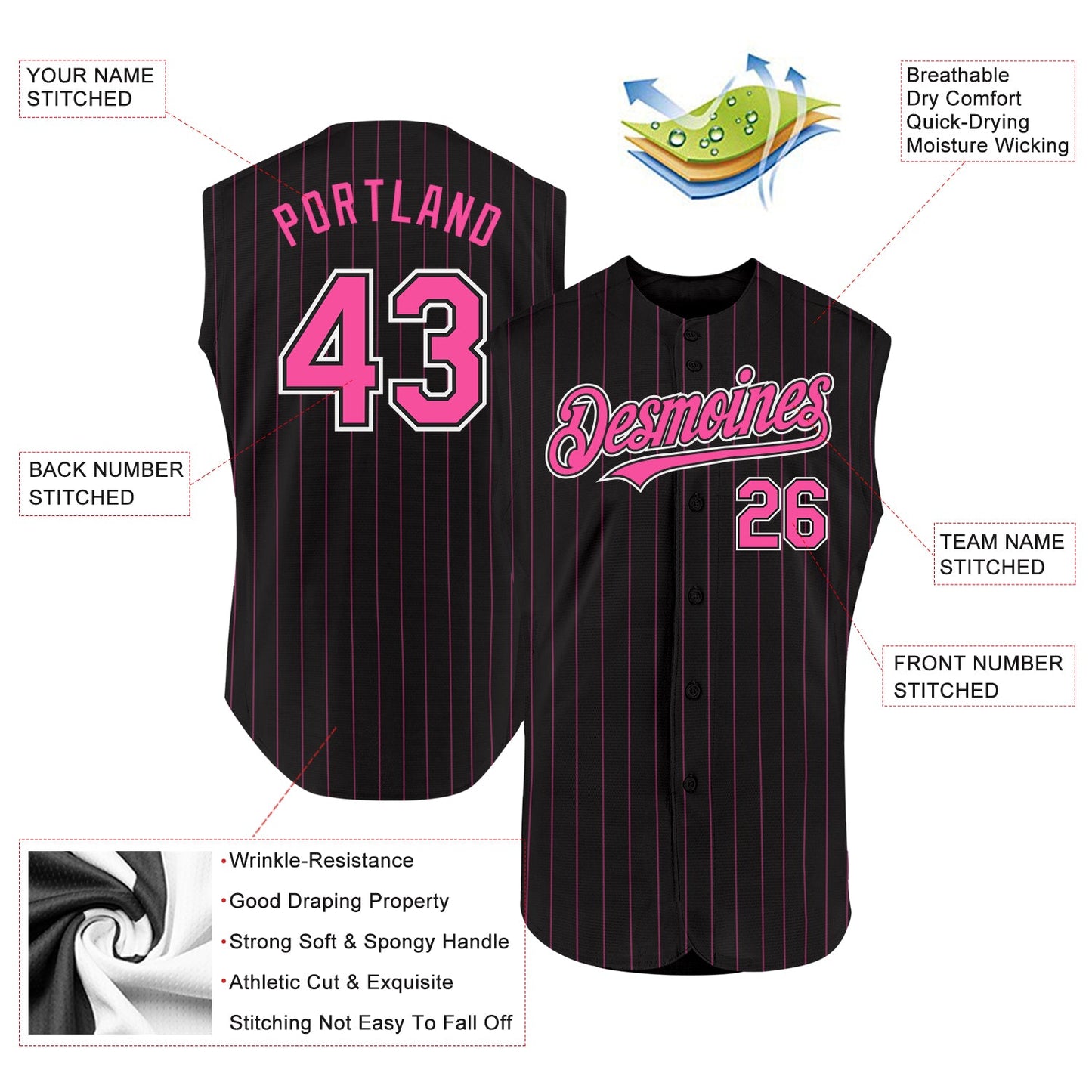 Custom Black Pink Pinstripe White Authentic Sleeveless Baseball Jersey view 2