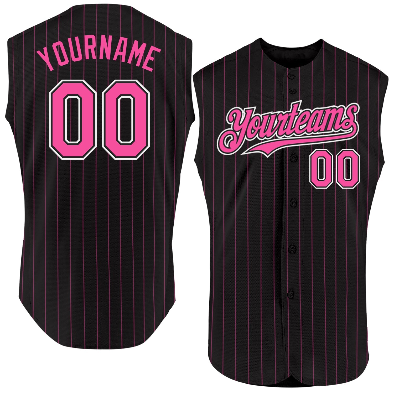 Custom Black Pink Pinstripe White Authentic Sleeveless Baseball Jersey - Main View