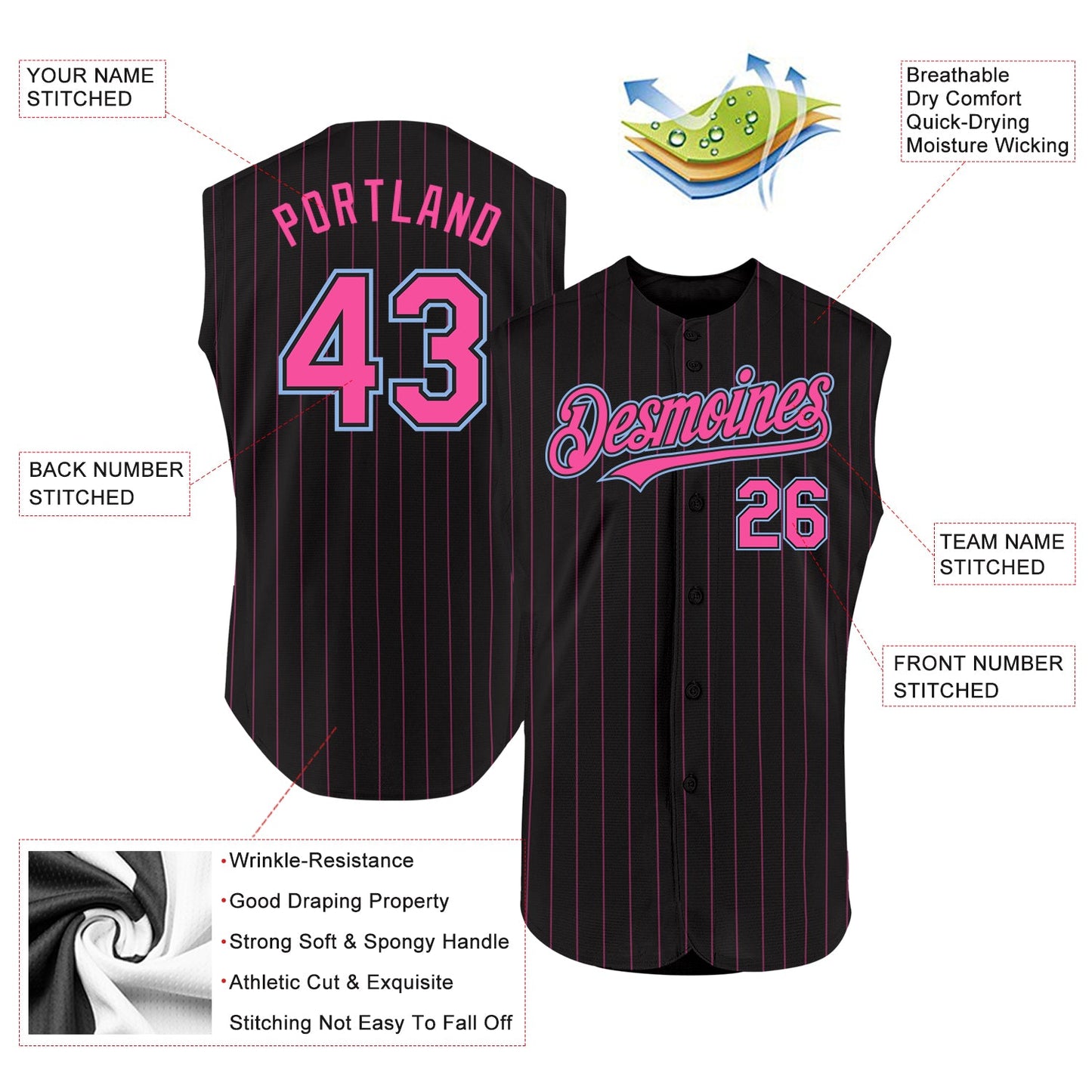 Custom Black Pink Pinstripe Light Blue Authentic Sleeveless Baseball Jersey view 2